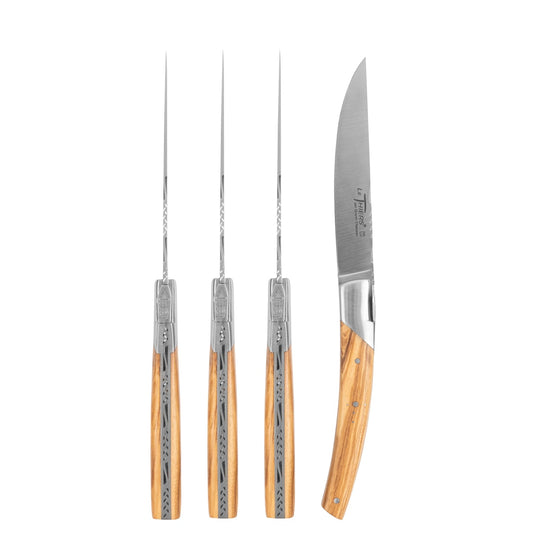 Goyon-Chazeau Set of 4 Pirou Castle Steak Knives With Olive Wood Handles