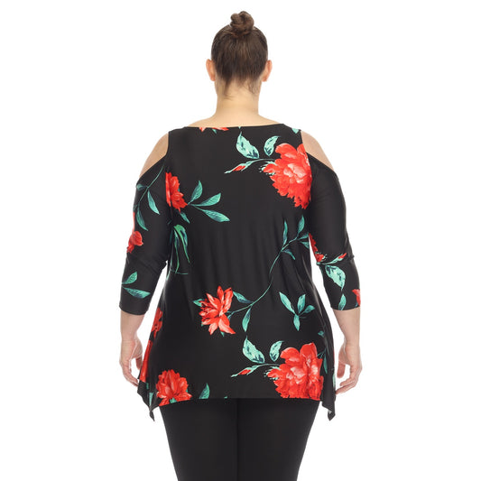 Plus Size Floral Printed Cold Shoulder Tunic