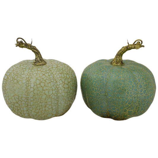 Crackle Fall Harvest Thanksgiving Pumpkins - 5" - Green and Gold - Set of 2