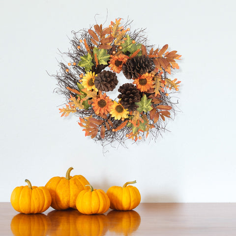 Sunflowers and Pine Cones Fall Artificial Thanksgiving Wreath  24-Inch  Unlit