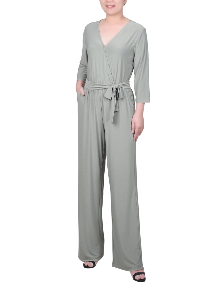  NY Collection Petite 3/4 Sleeve Belted Jumpsuit - Black - Bonton