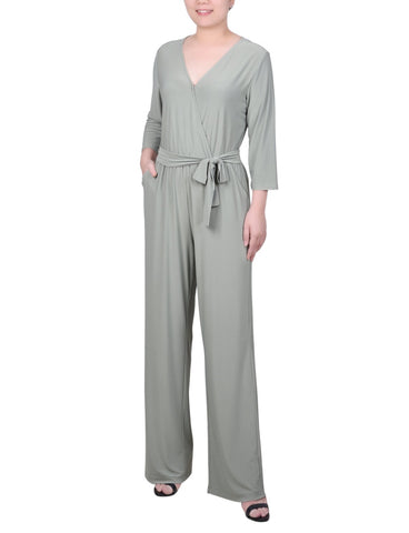 Petite 3/4 Sleeve Belted Jumpsuit