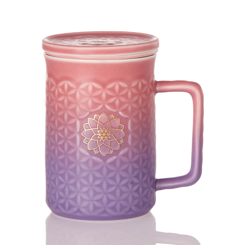  Acera Flower of Life 3-in-1 Tea Mug With Infuser - Pink and Purple Ombre / Hand-painted Gold Flower - Bonton