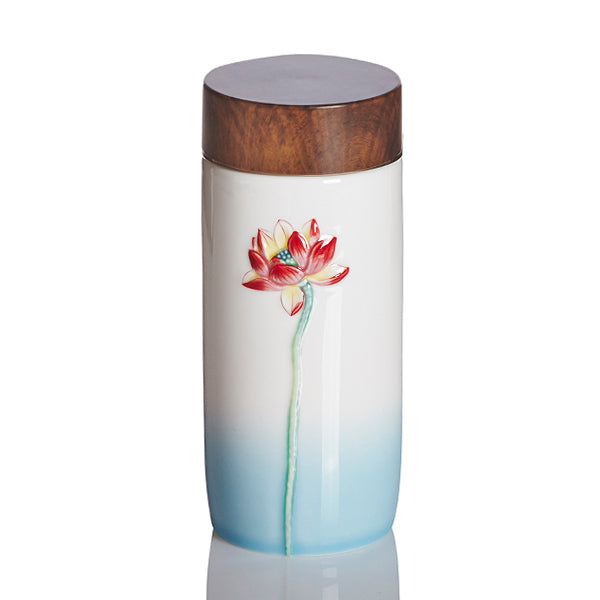  Acera Lotus Beauty Tea Tumbler - White and water blue with red lotus - Bonton