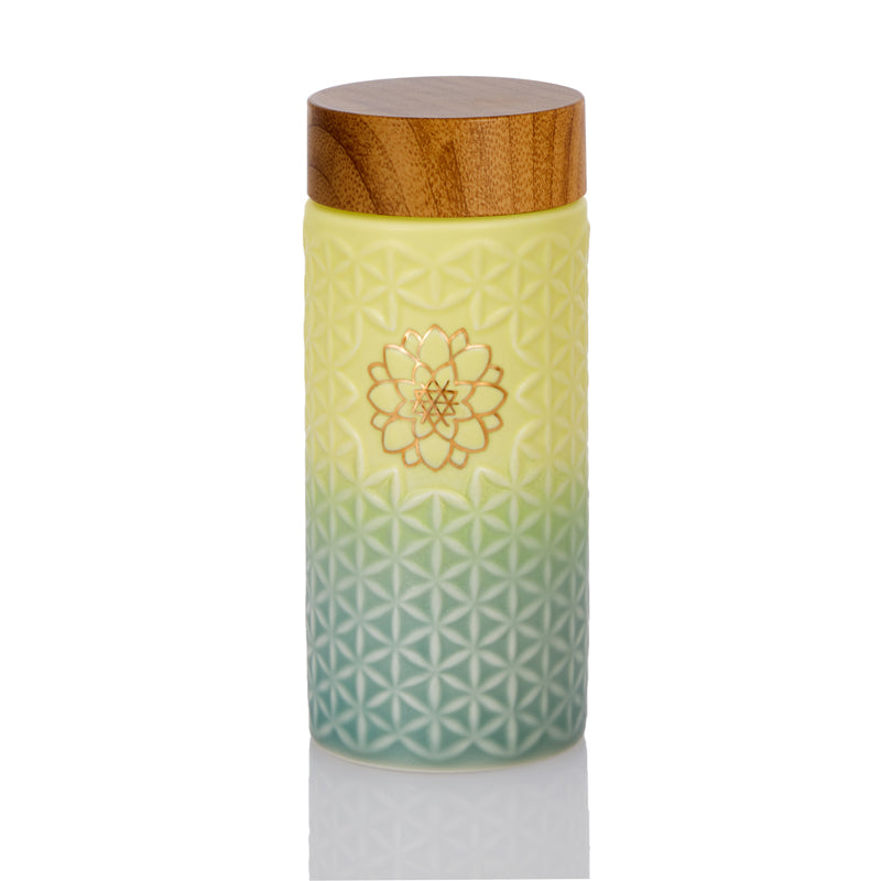  Acera Flower of Life Travel Mug / Double Wall - Yellow and Green Ombre / Hand-painted Gold Flower - Bonton