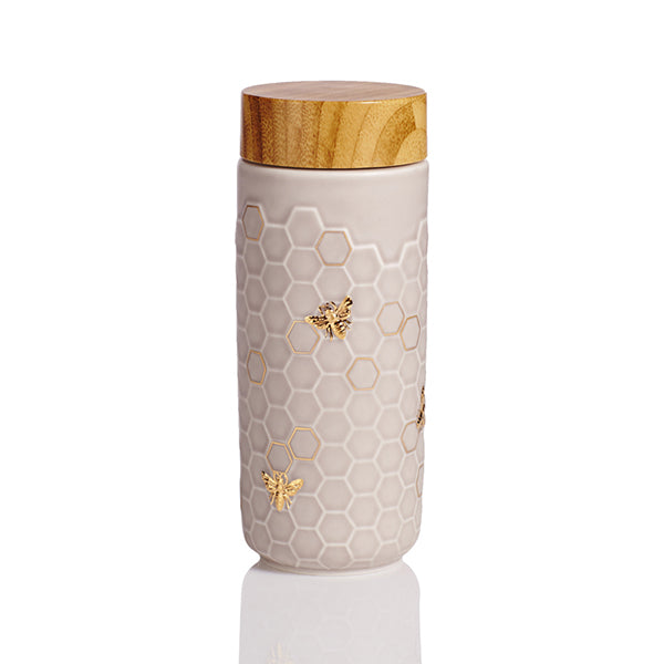  Acera Honey Bee Ceramic Travel Mug / Gold 12.3 Oz - Black and Hand-Painted Gold Bees - Bonton