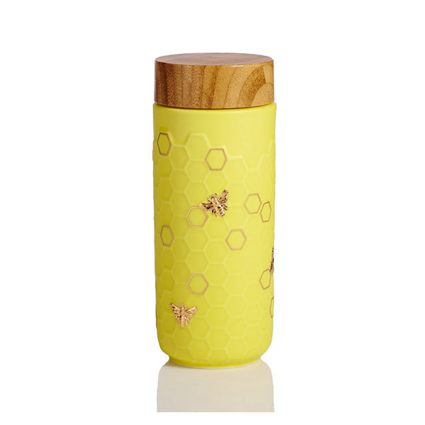  Acera Honey Bee Ceramic Travel Mug / Gold 12.3 Oz - Black and Hand-Painted Gold Bees - Bonton