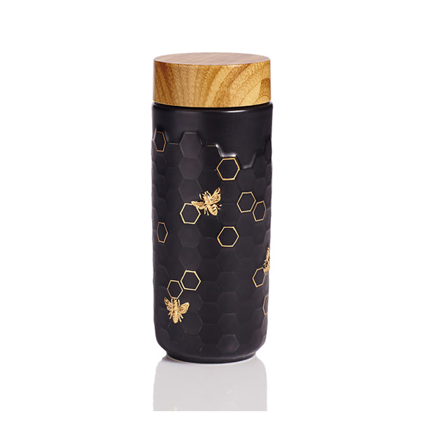  Acera Honey Bee Ceramic Travel Mug / Gold 12.3 Oz - Black and Hand-Painted Gold Bees - Bonton