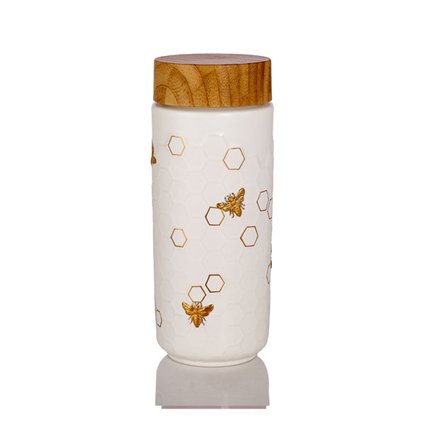  Acera Honey Bee Ceramic Travel Mug / Gold 12.3 Oz - Black and Hand-Painted Gold Bees - Bonton