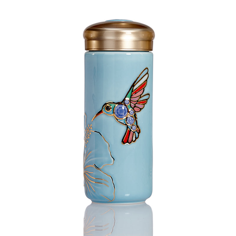  Acera The Hummingbird Travel Mug - Pink and Hand Painted Multi Colored Bird - Bonton