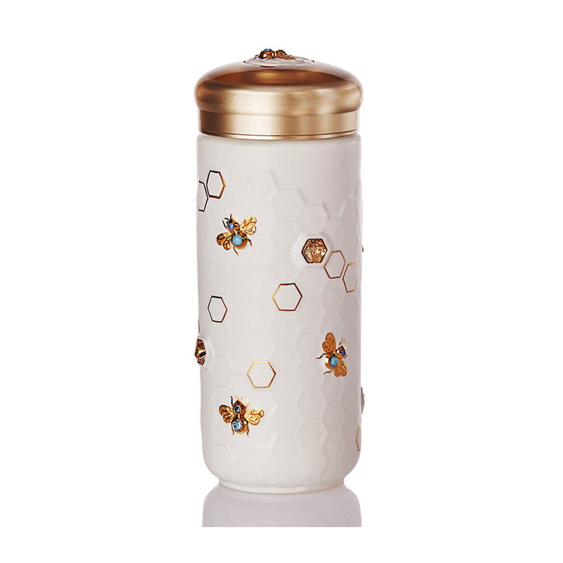  Acera Honey Bee Travel Mug With Crystals - Matte Blue and Hand Painted Gold Bees with Crystals - Bonton