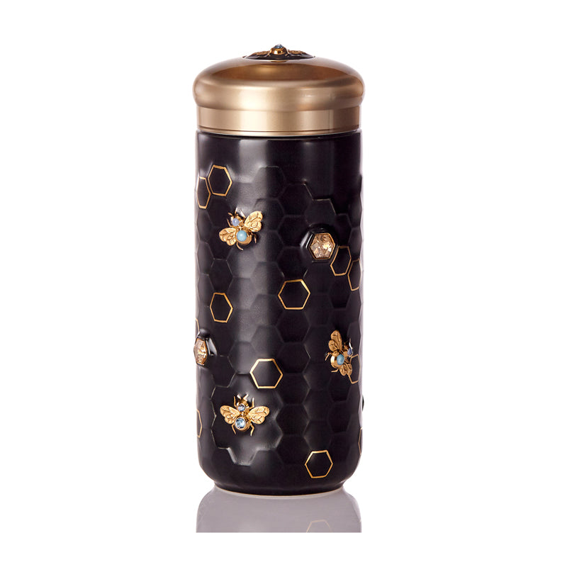  Acera Honey Bee Travel Mug With Crystals - Matte Blue and Hand Painted Gold Bees with Crystals - Bonton