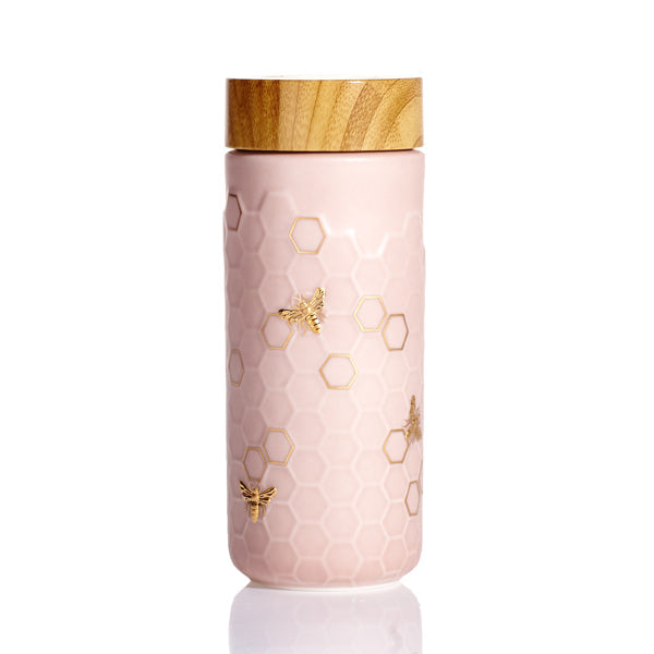  Acera Honey Bee Ceramic Travel Mug / Gold 12.3 Oz - Black and Hand-Painted Gold Bees - Bonton