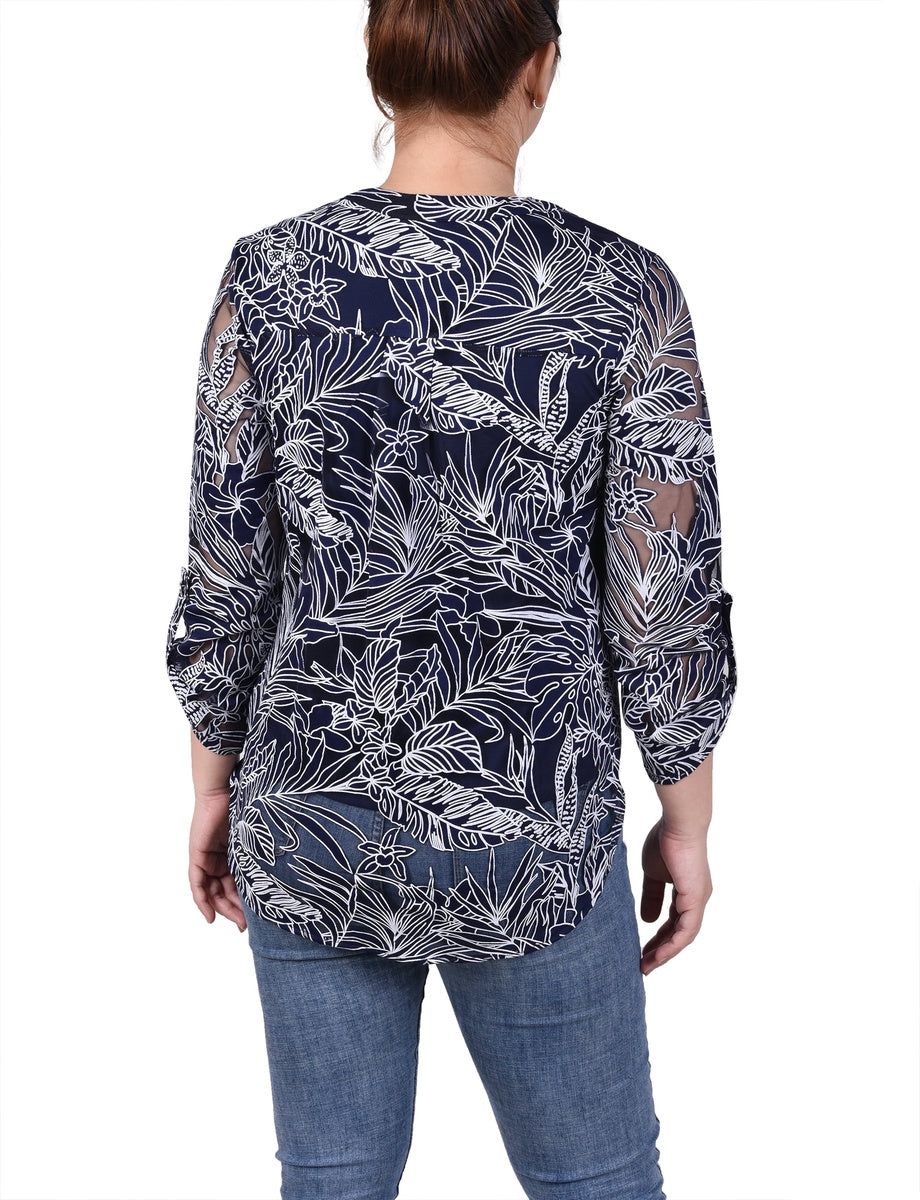 NY Collection Long Sleeve Burnout Y Neck Blouse - Black Palm Leaves - Bonton