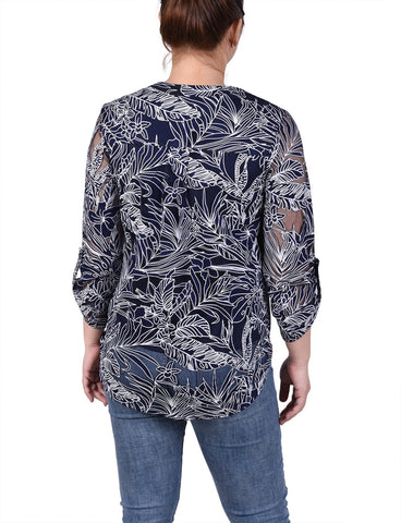 Long Sleeve Burnout Y Neck Blouse