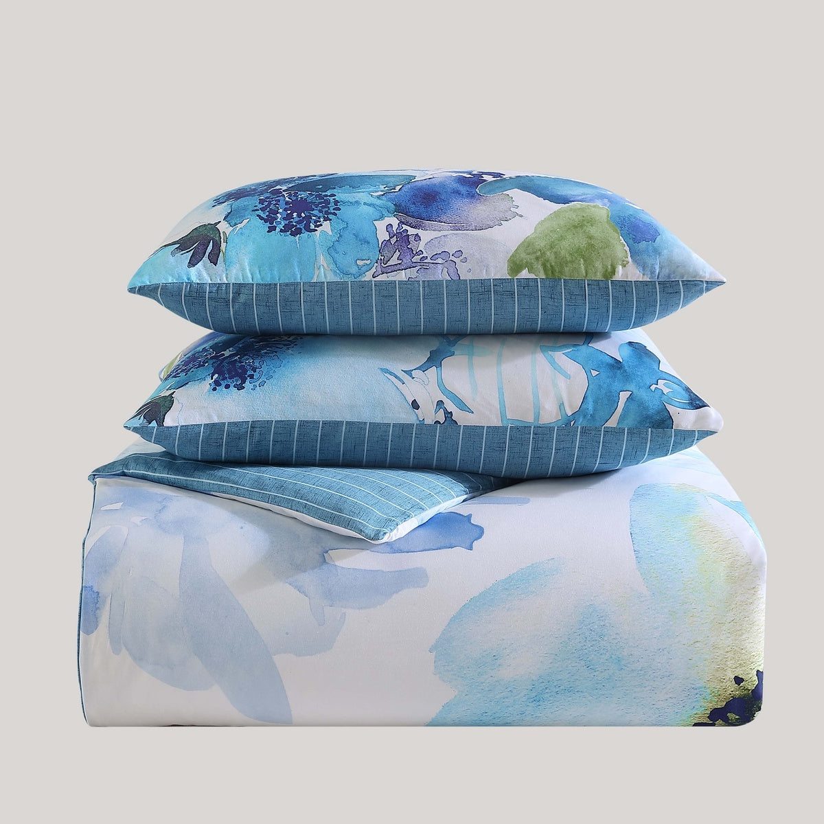  Bebejan Watercolor Blue 100% Cotton 5-Piece Reversible Comforter Set - QUEEN - Bonton