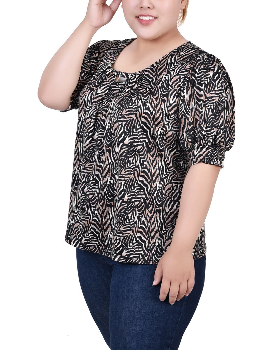  NY Collection Plus Size Short Sleeve Balloon Sleeve Top With Hardware - Black Taupe Zebra - Bonton