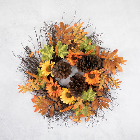 Sunflowers and Pine Cones Fall Artificial Thanksgiving Wreath  24-Inch  Unlit