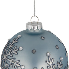 Set of 2 Light Blue Jeweled Reflective Snowflakes Glass Christmas Ball Ornaments 4"