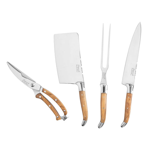 4 Piece Connoisseur Laguiole Professional Chef Knife Set With Olive Wood Handles