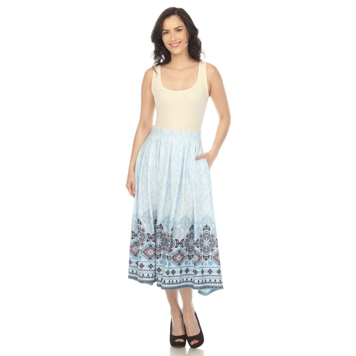  White Mark Women's Pleated Skirt With Border Prints - S - Bonton