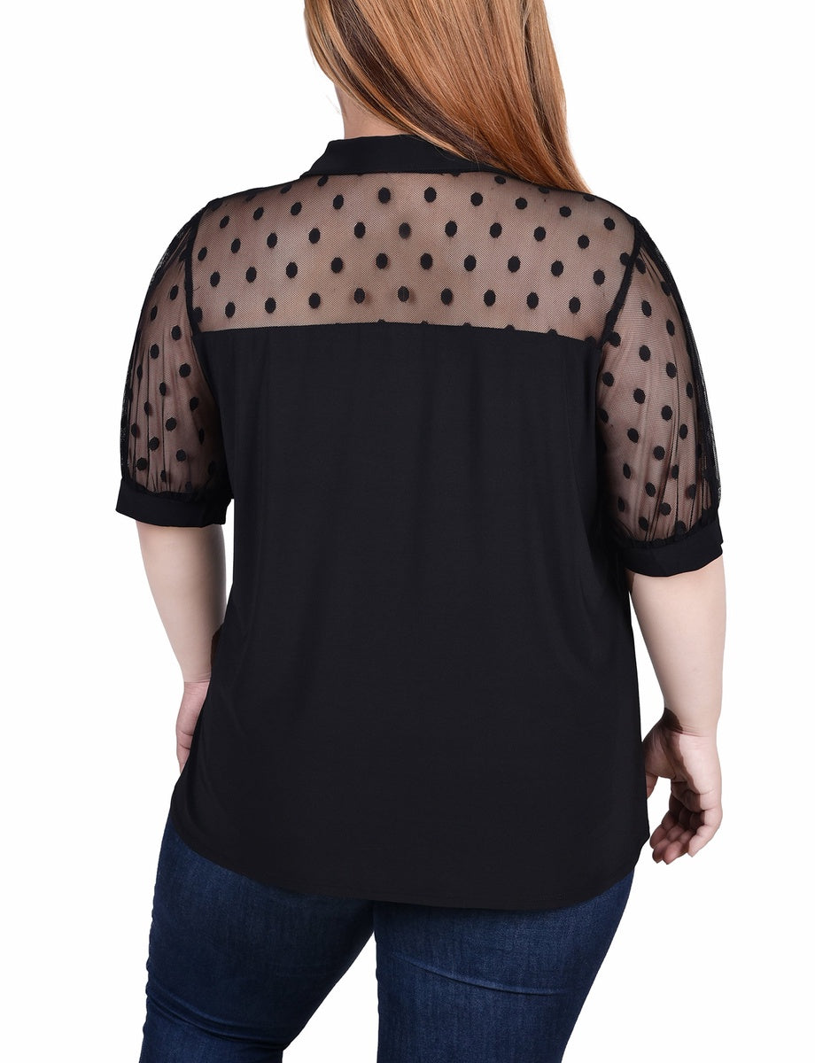  NY Collection Plus Size Short Sleeve Top With Dotted Mesh - Black - Bonton