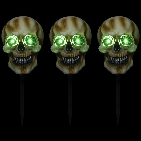 Set of 3 Lighted Skeleton Head Halloween Pathway Markers With Sound - Battery Operated