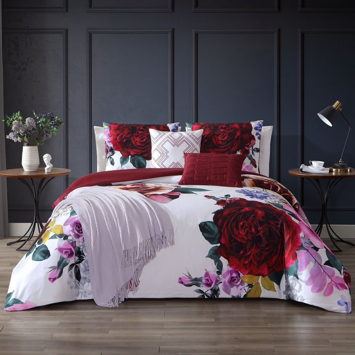  Bebejan Magenta Floral 100% Cotton 5 Piece Reversible Comforter Set - QUEEN - Bonton