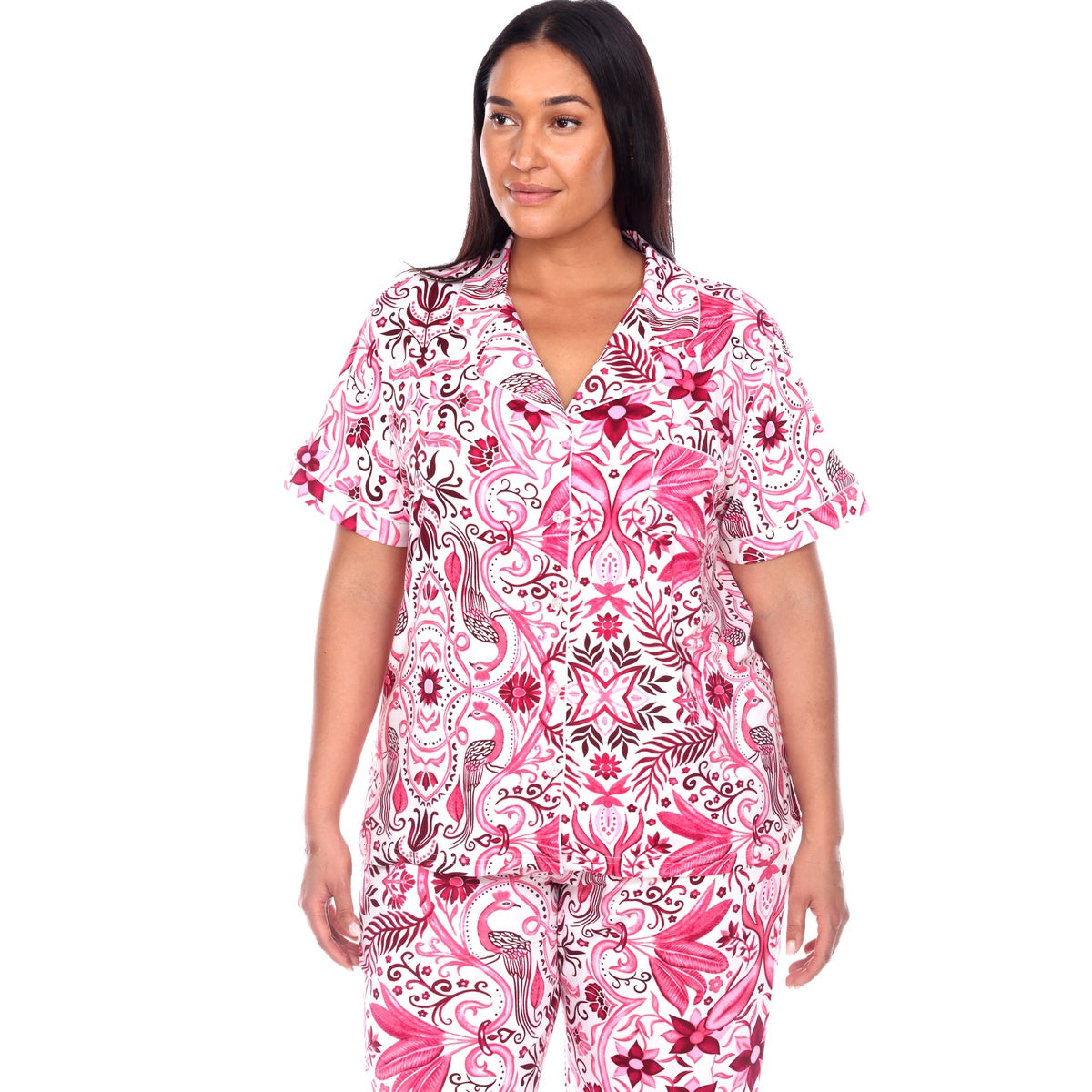  White Mark Plus Size Short Sleeve & Pants Tropical Pajama Set - 1X - Bonton