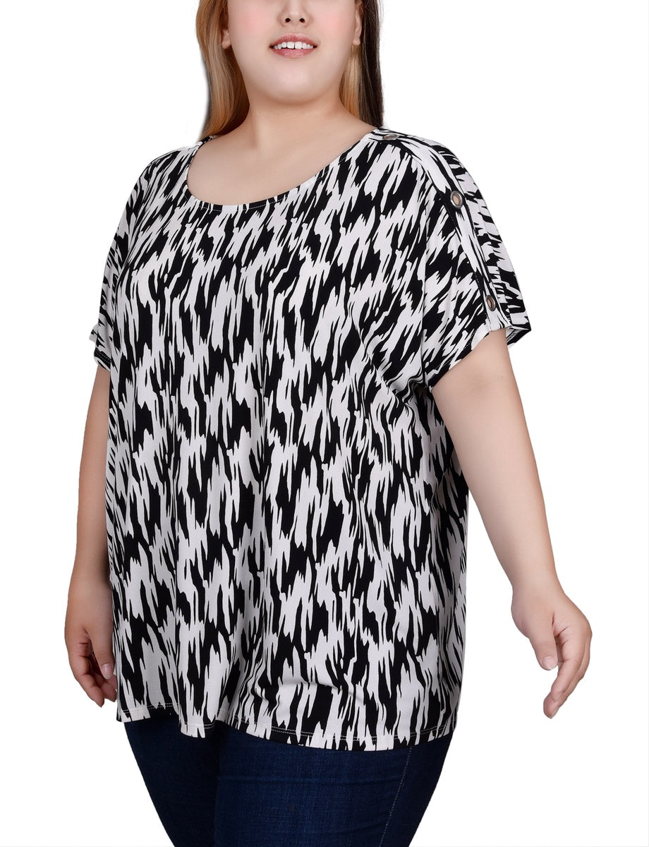  NY Collection Plus Size Short Sleeve Extended Sleeve Tunic Top - Magenta Pyramid - Bonton