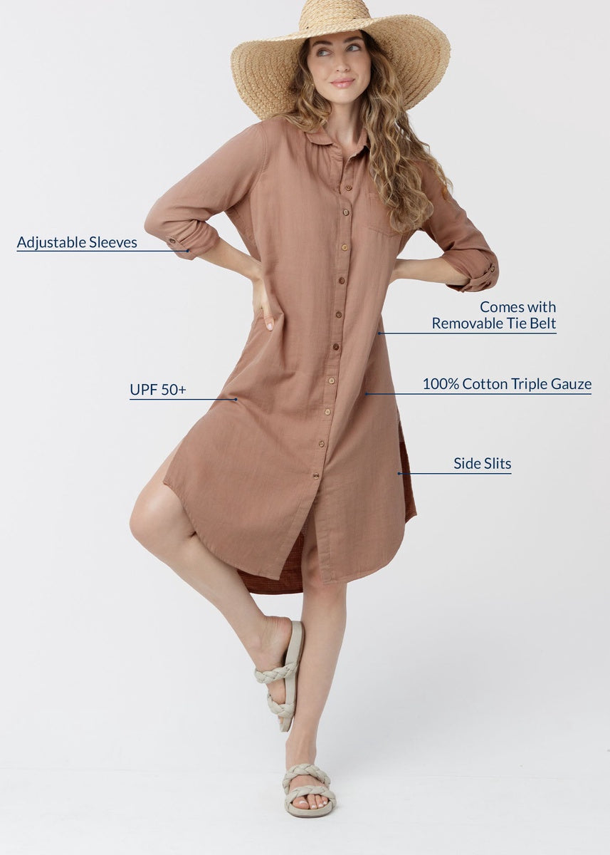  Cabana Life Sand Gauze Button Down Shirt Dress - XS - Bonton