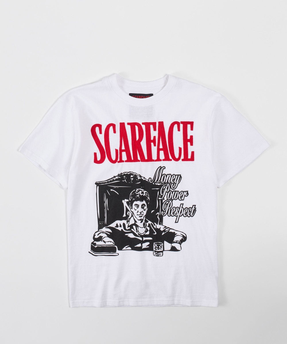  Reason Clothing Scarface Money Power Respect Applique Short Sleeve Tee - WHITE - Bonton