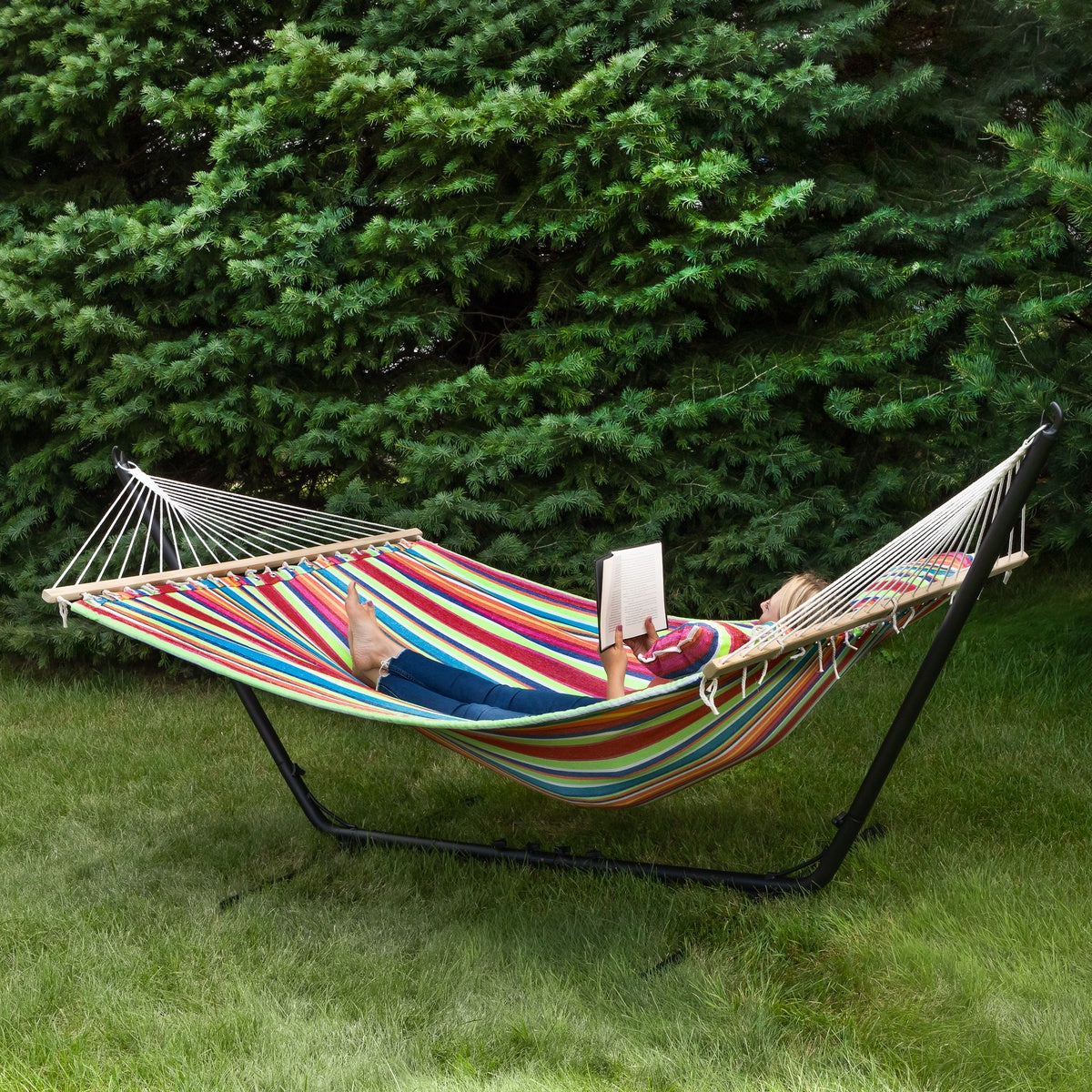  Northlight Striped Macrame Quilted Two Person Double Hammock With Pillow - 9' X 55