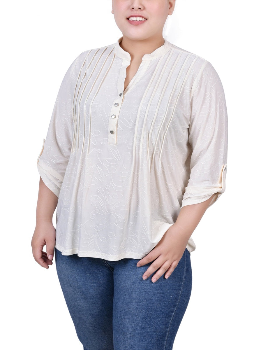  NY Collection Plus Size 3/4 Roll Tab Pullover Top - Beet Red - Bonton