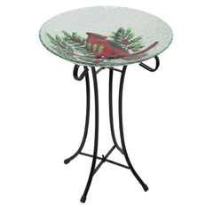 21" Red Cardinal and Pine Cone Glass Bird Bath With Stand