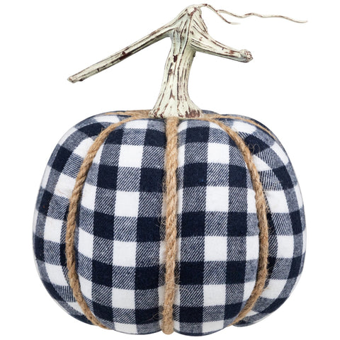 Plaid Fall Harvest Pumpkin With Weathered Stem - 7.75" - Dark Blue and White