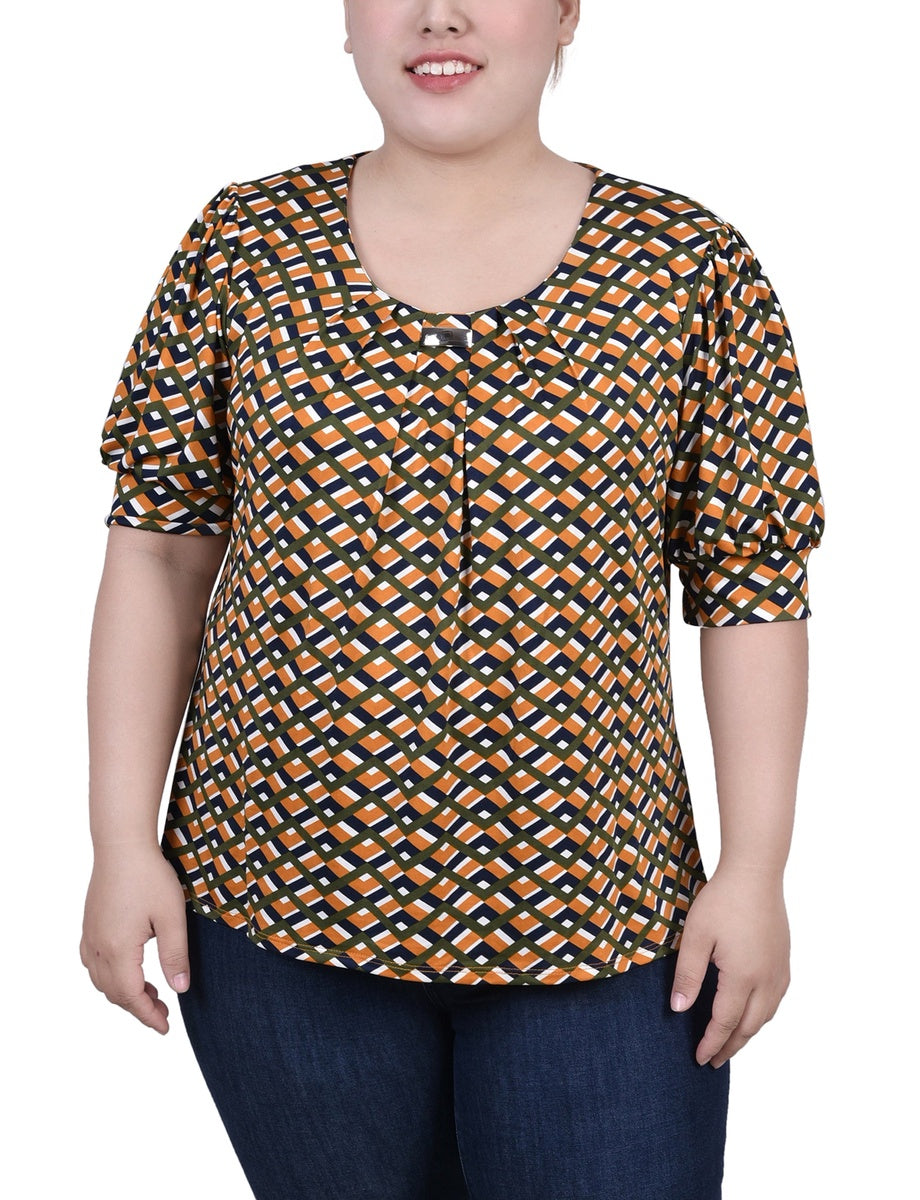  NY Collection Plus Size Short Sleeve Balloon Sleeve Top With Hardware - Black Taupe Zebra - Bonton