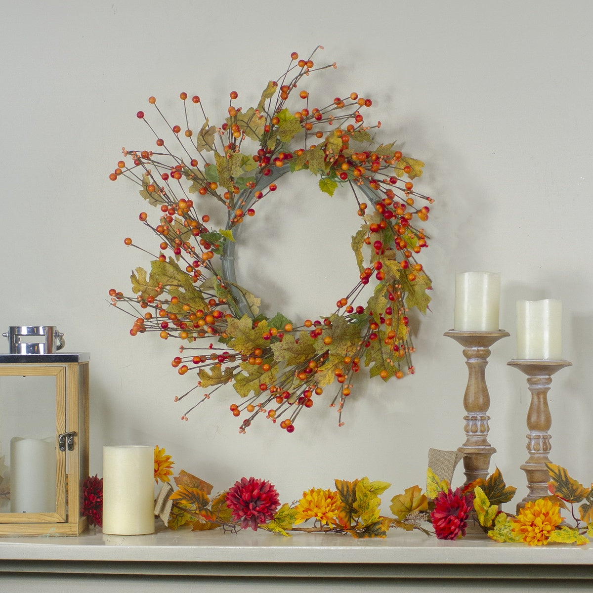  Northlight Orange Berries and Yellow Leaves Fall Harvest Artificial Wreath  22