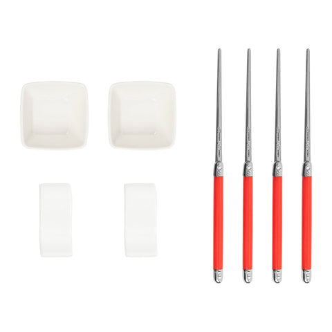French Home Chopsticks With Red Handles, Ceramic Rests and Sauce Bowls, Set of 2 Pairs