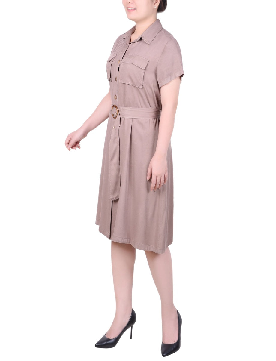  NY Collection Petite Short Sleeve Safari Style Dress - Olive Green - Bonton