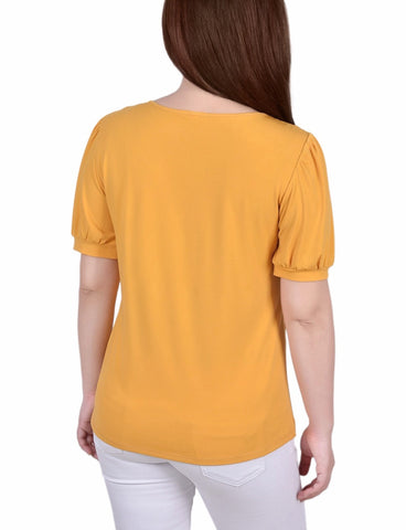 Petite Short Puff Sleeve Sheer Inset Top