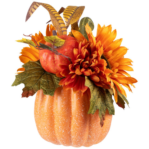 Sunflower and Mum Filled Pumpkin Thanksgiving Decoration - 14.75" - Yellow