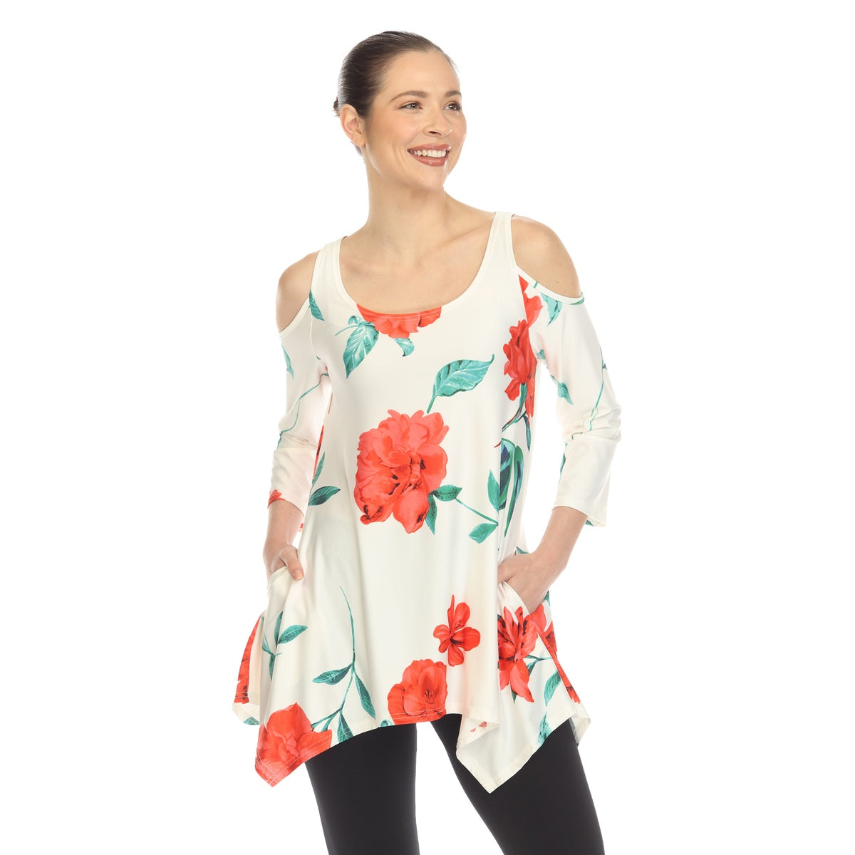  White Mark Women's Floral Printed Cold Shoulder Tunic - S - Bonton