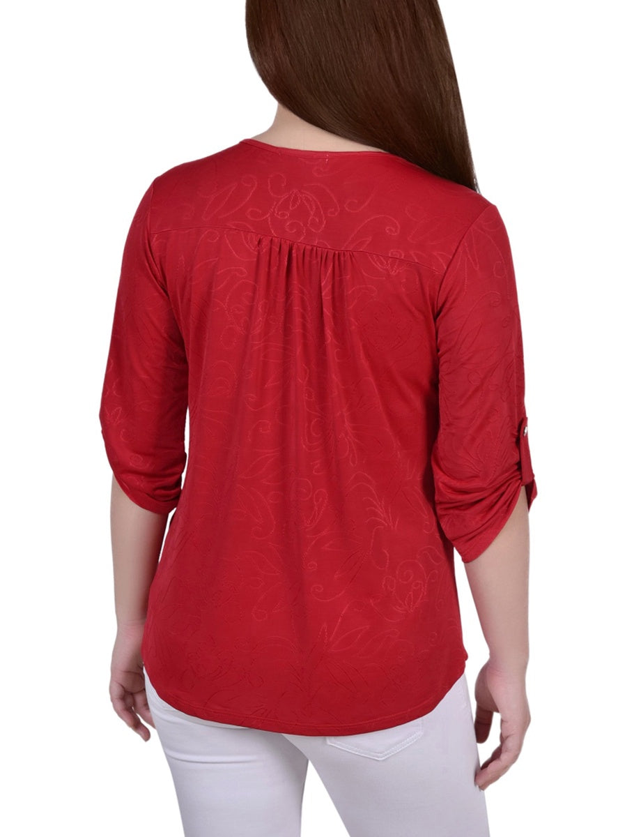  NY Collection 3/4 Roll Tab Zip Front Jacquard Knit Top - Red Sakadotduo - Bonton