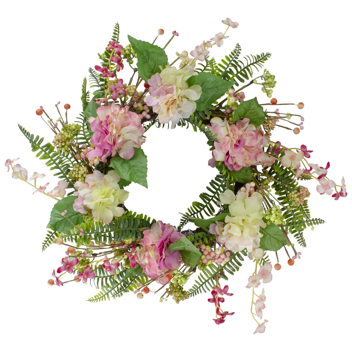  Northlight Hydrangea  Berry and Fern Artificial Spring Floral Wreath  Pink - 20-Inch - Default Title - Bonton