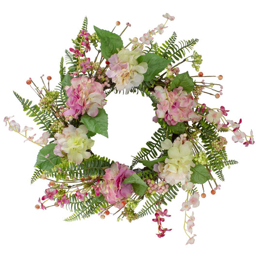 Hydrangea  Berry and Fern Artificial Spring Floral Wreath  Pink - 20-Inch