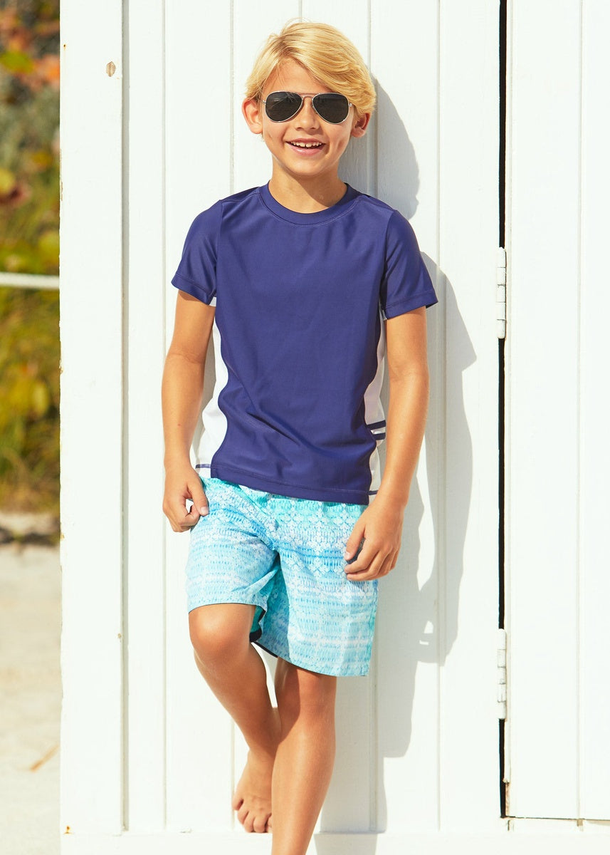  Cabana Life Boys Navy  Side Stripe Short Sleeve Rashguard - 5 - Bonton