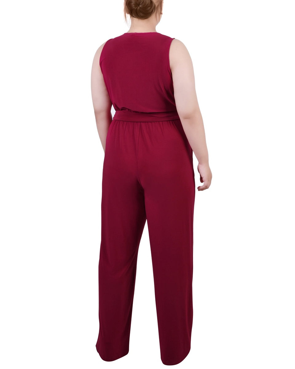  NY Collection Plus Size Sleeveless Belted Jumpsuit - Beet Red - Bonton