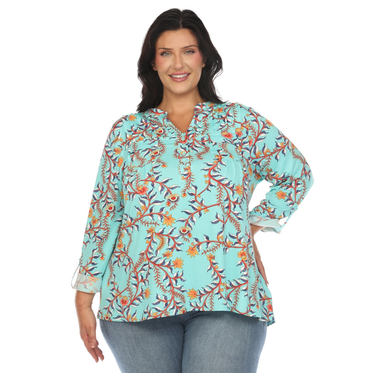  White Mark Plus Size Paisley Button Front Tunic Top - 1X - Bonton