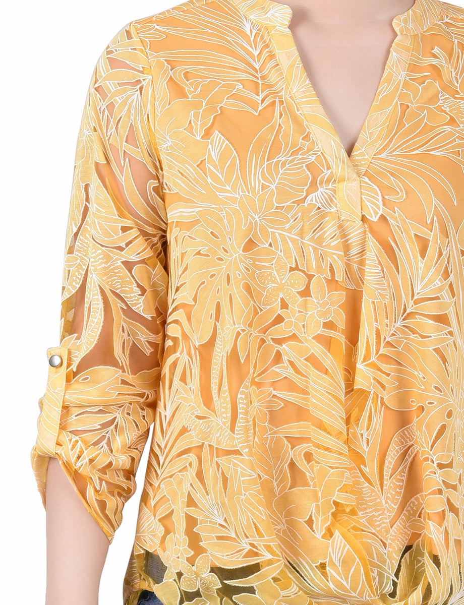  NY Collection Long Sleeve Burnout Y Neck Blouse - Black Palm Leaves - Bonton